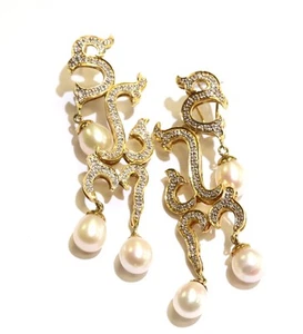 18k yellow gold .75ct SI1 H diamond pearl dangle earrings 28.3g long big estate - Picture 1 of 11