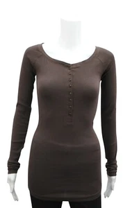 Womens P.C T-Shirt Top Button Up Long Sleeve Ribbed LYCRA Brown Plus Size 8 - 26 - Picture 1 of 6
