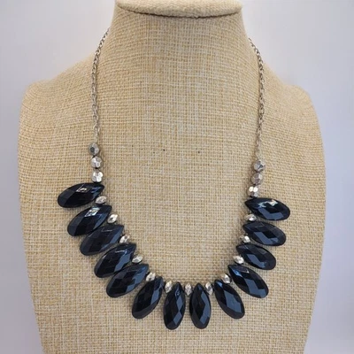 Серебристый тон черный коренастый бахрома граненый каплевидный бисер заявление нагрудник ожерелье - Изображение 1 из 4