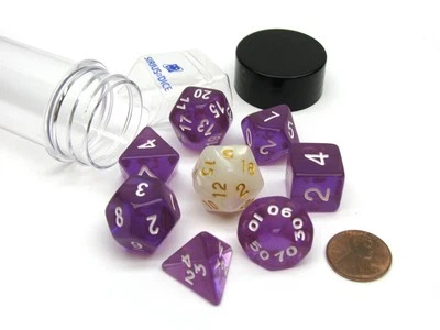 Tubo de 7 dados poliédricos RPG Sirius con bonificación D20 - resina púrpura translúcida Foto 1 de 3