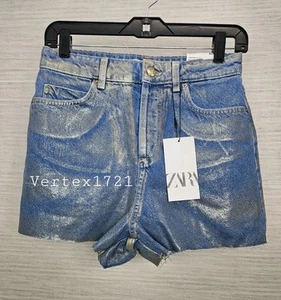 SZ 4 Zara High Rise Jean Shorts Women's Denim Metallic Foil Coated Silver Button - Picture 1 of 7