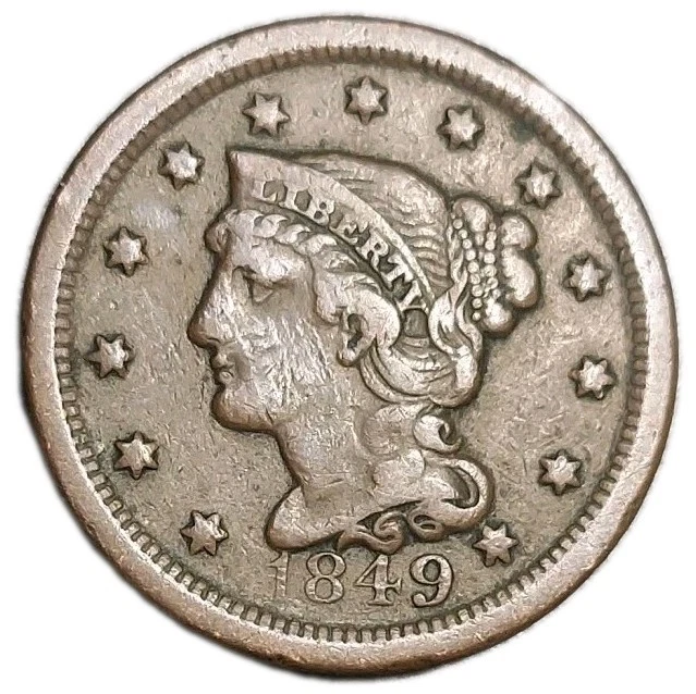 1849 US Braided Hair Large Cent Old Bronze Historical Sought-after Coin  - Image 1 of 3