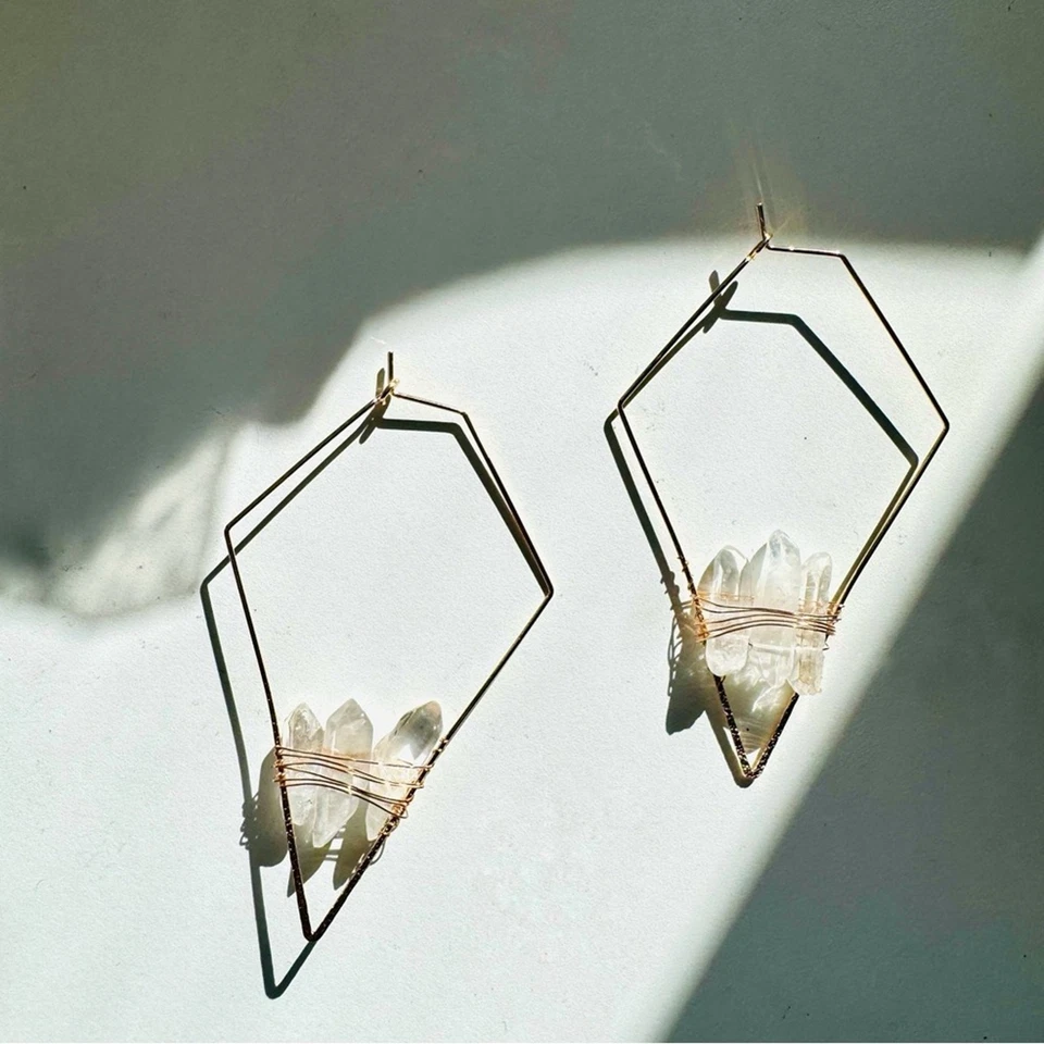 Pendientes de aro de cristal de piedras preciosas boho hechos a mano de cuarzo transparente joyería Foto 1 de 4