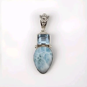 Sajen Sterling Silber 925 Larimar und Blautopas 2" Träne Anhänger - Bild 1 von 4