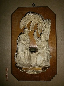 Jésus au puits parle a la femme/BENITIER MURAL/BOIS PLATRE/DEBUT XXéme/NON SIGNé - Picture 1 of 7
