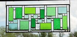 Geo-Green  Beveled Stained Glass Panel, Window Hanging ≈ 28 1/2" x 12 1/2HMD-US
