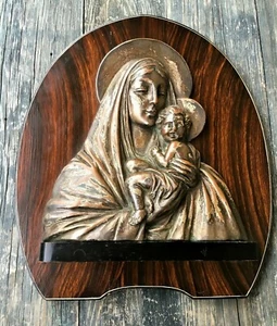 MADONNA E BAMBINO ITALIANA SCULTURA VINTAGE PLACCATO ARGENTO BUSTO RAME RETABLE - Foto 1 di 12