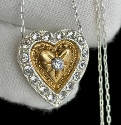 Collar de cadena colgante de corazón 1928 16 pulgadas cristal estrás tono oro y plata Foto 1 de 4