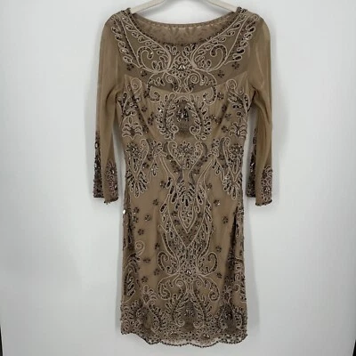 Vestido Sue Wong Nocturne para mujer con cuentas hasta la rodilla talla 2 beige tostado transparente Foto 1 de 4