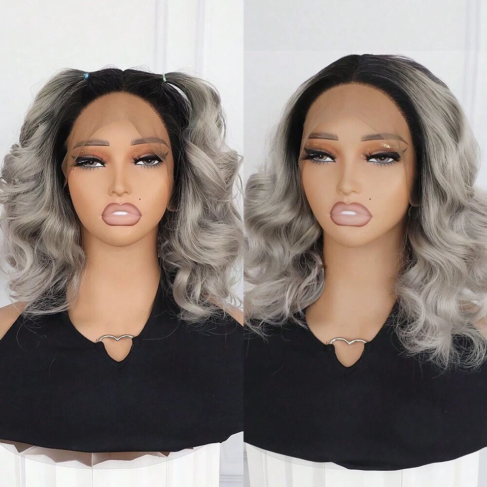 Парики Ombre серые короткие волнистые Bob 13x4 кружевные спереди синтетические теплобезопасные для женской вечеринки - Изображение 1 из 4