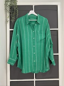 M&S Ladies 100% Linen Shirt Blouse Top Size 20 Green White Stripe Pocket - Picture 1 of 8