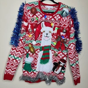 Ugly Christmas Sweater Llama LIGHTS UP Tacky Tinsel Xmas Party Winner Medium - Bild 1 von 5