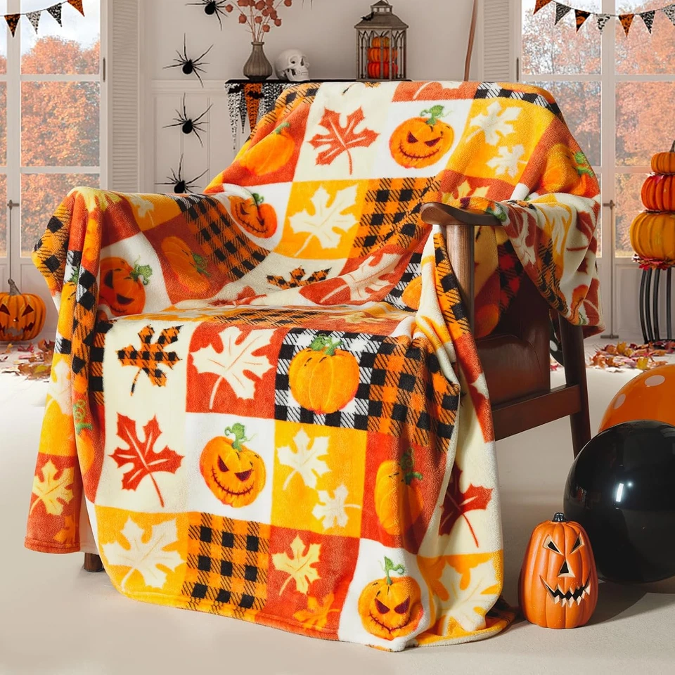 Halloween Fleece Throw Blanket, Pumpkin Leaves Plaid, Soft Plush, 50" X 60 - Image 1 of 4