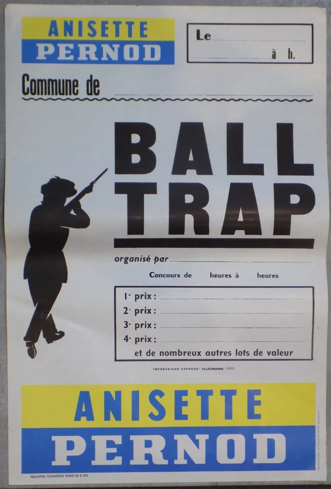 ANCIENNE ET RARE AFFICHE ANISETTE PERNOD AFFICHETTE SPORT BALL TRAP ANNÉES 50 - Photo 1/1