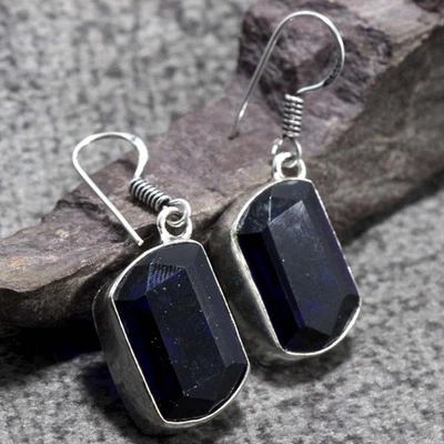 Pendientes étnicos de topacio azul enchapados en plata 925 hechos a mano joyería tamaño 1,5" JW Foto 1 de 3