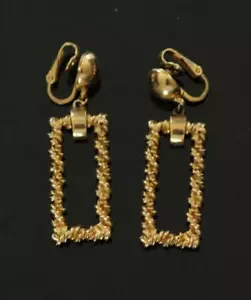 Vtg TRIFARI Crown Gold Tone Modern Art Deco Rectangle Clip-On Dangle EARRINGS - Picture 1 of 8