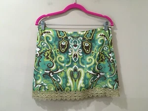 Milly Mini Skirt Vtg Retro Mod Paisley Green Brown Trim Lace Cotton Size 8 - Picture 1 of 7