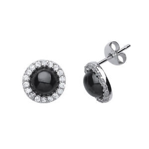 Silver Jewelco London Black Onyx CZ Halo Stud Earrings