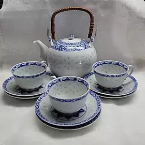 Vintage Chinese Blue & White Rice Grain Teapot Set, 3 Cups, 6 Saucers - 5" Tall - Picture 1 of 24