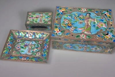 Antiguo Cenicero Humidor Forrado Esmalte Cobre Humidor Caja de Combinación Foto 1 de 4