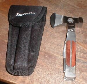 NEW Sheffield Folding Multi-Tool Hammer-Axe-Knife-Screwdriver-Saw MORE & Sheath