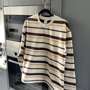 ZARA Men’s Cotton Jumper Size M 100% Cotton Cream, Tan & Brown striped - Picture 1 of 7