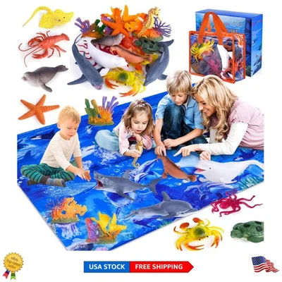 18-Piece Ocean Animals Playset with Soft Mat & Carrier Bag for Kids Ages 3-8 Foto 1 de 4