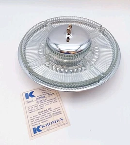 Bandeja redonda de vidrio y metal Kromex Lazy Susan de colección en caja original - Imagen 1 de 6