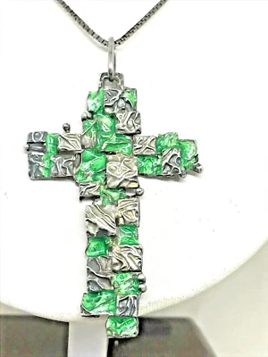 GRANDE CROCIFISSO ANNI 60 ARGENTO 800 E SMALTO A FUOCO BRUTALISTA CON COLLANA - Immagine 1 di 4