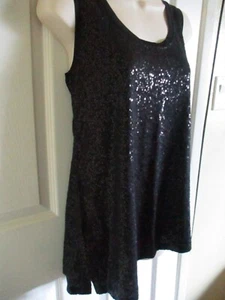 Gr. M Eileen Fisher Pailletten Stretch Seide schwarz asymmetrisch U-Ausschnitt Tank Top Neu mit Etikett - Bild 1 von 3