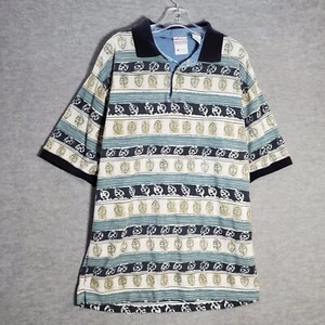 VINTAGE Bugle Boy Men Polo Shirt XL White Leaves Striped Short Sleeve Collar 90s - Picture 1 of 7