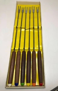 Fondue Forks Vintage MCM Teak With Box Stainless Steel Multicolor Japan - Bild 1 von 8