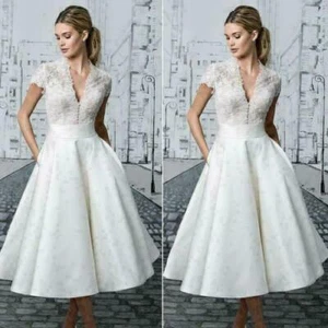 Vintage Ladies white Lace Bride Dresses Tea Length Wedding Gowns Wedding Dress F - Picture 1 of 4