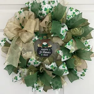 ST. PATRICK’S DAY RIBBON WREATH GREEN & WHITE SHAMROCKS, GREEN, GOLD RIBBON BOW - Picture 1 of 2