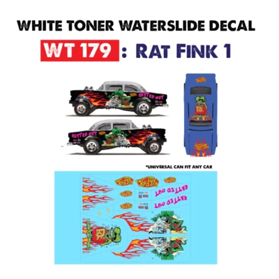 WT179 White Toner Waterslide Decals RAT FINK 1 For Custom 1:64 Hot Wheels - Image 1 of 4