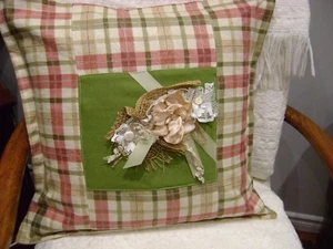 Hand M.French country Cottage chic Rustic burlap vint. lace flower Pillow cover - Picture 1 of 6