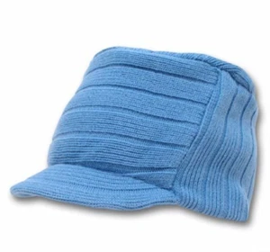 Sky Blue Visor Beanie Square Rib Knitted Flat Top Ski Castro Cadet GI Cap - Picture 1 of 1