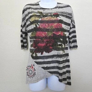 Desigual Striped Floral Embellished 3/4 Sleeve Striped Black Gray Top Size Small - Picture 1 of 12