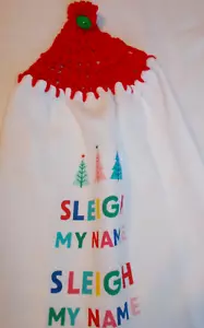 RED Yarn Crochet Top SLEIGH MY NAME Print Coton Kitchen Towel - Picture 1 of 2
