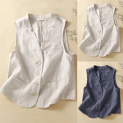 Womens Ladies Cotton Linen Vest Casual Loose V Neck Sleeveless Vests Jack ∂ - Image 1 of 4