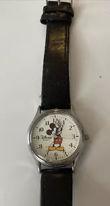 Vtg Disney Mickey Mouse Watch Quartz Black Leather Band 1990s Disney Time Works - Picture 1 of 6