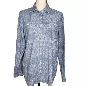 Camicia Lands End L/S blu paisley chambray media 10 12 tasche con bottoni - Foto 1 di 7