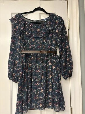 Truly Me Navy Multi-Color Floral Knee Length Girls Dress Sz 12. Belt. - Image 1 of 4