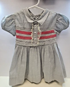 Vintage Girls Dress Toddler Handmade Blue Checked Gingham Rickrack - Picture 1 of 6