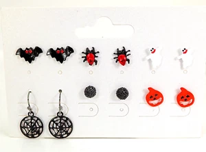 Halloween earring set pumpkin, bat, ghost, spider, web, black ball, Set of 6 NEW - Picture 1 of 6