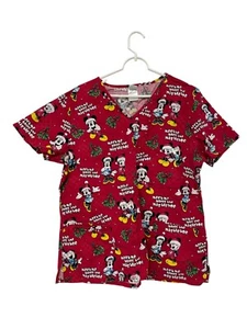 Disney Scrub Top Large Mickey Minnie Mouse Meet Me Under Mistletoe Christmas - Picture 1 of 7