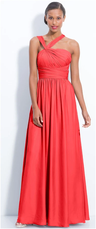 Maxi Vestido ML Monique Lhuillier Damas de honor Hombro Torcido Satinado Gasa 6 Foto 1 de 1