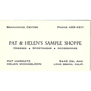 Pat & Helen's Sample Shoppe Harmatz, Michaelson Long Beach Business Card SE5-B5 - Picture 1 of 2