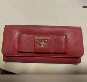 Prada Ribbon Motif Long Wallet Saffiano Pink 1MH132 Rank B Used - Picture 1 of 7