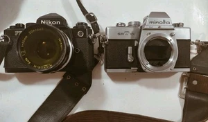 NIKON FE2 SLR BODY + MINOLTA SRT-101 SLR BODY FOR PARTS OR REPAIR SOLD AS IS - Picture 1 of 7